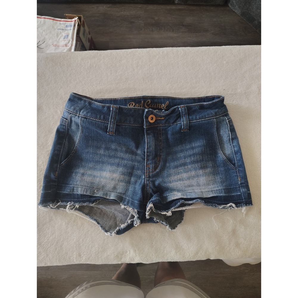 Red Camel‎ Womens Blue Denim Cut Off Jean Shorts Size 1 Low Rise Frayed Hem